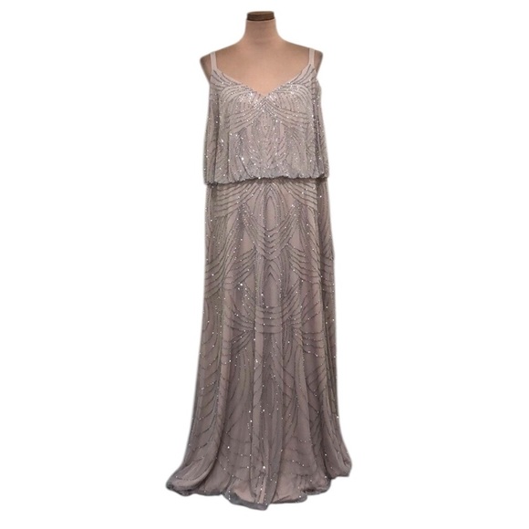 NWT Adrianna Papell Formal Maxi Dress Size 20W Silver Nude Beaded Blouson Gown - Picture 1 of 14